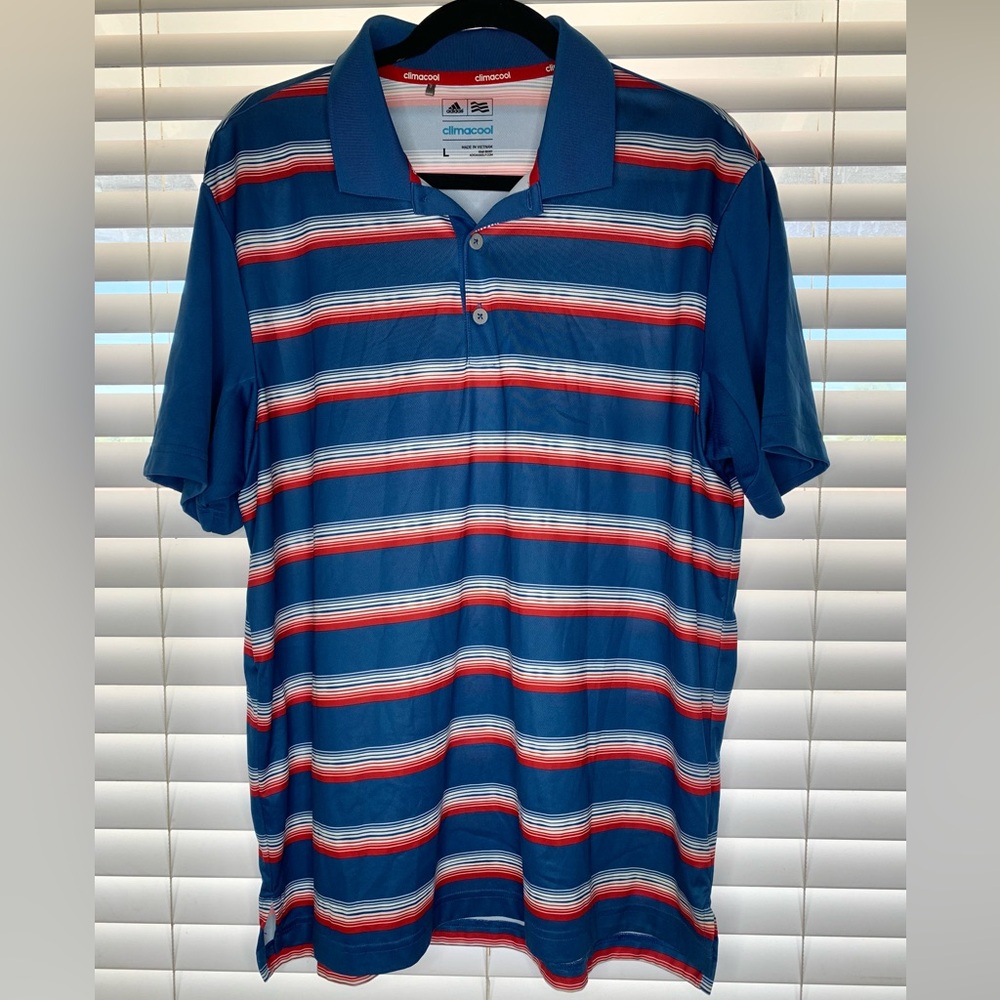 Adidas Men’s Large Blue Stripped 3 Button-Clima-Cool Shirt 320/e550
